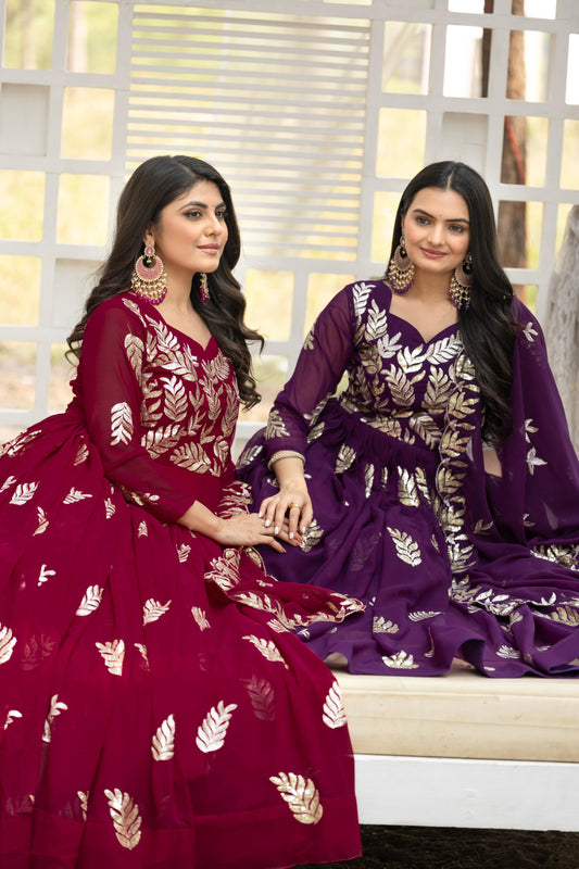 Women’s Fox Georgette 3mm Sequins & Thread Embroidered Gown with Dupatta