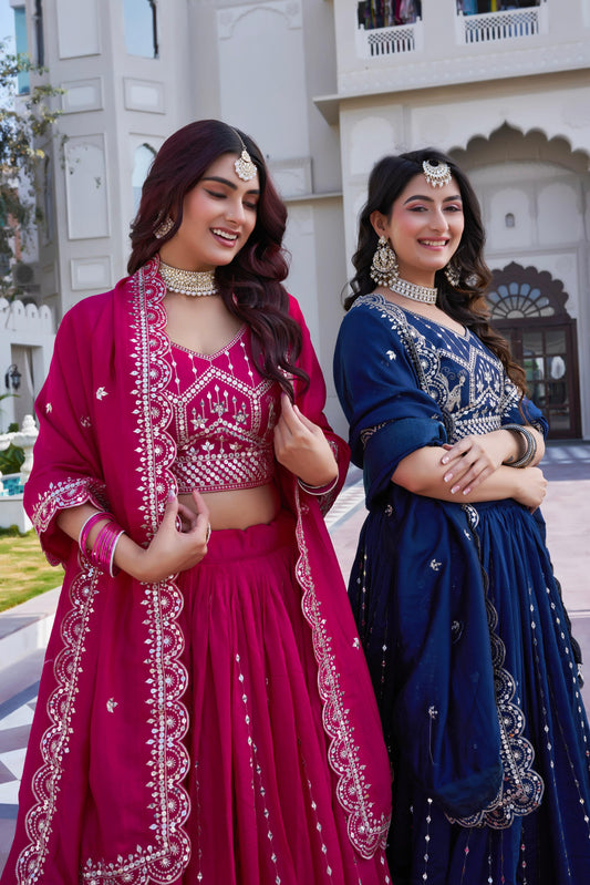 Women’s Royal Blue Pure Vichitra Embroidered Lehenga Choli Set with Dupatta