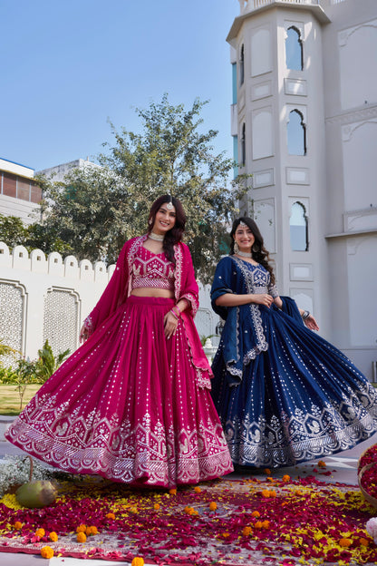 Women’s Royal Blue Pure Vichitra Embroidered Lehenga Choli Set with Dupatta