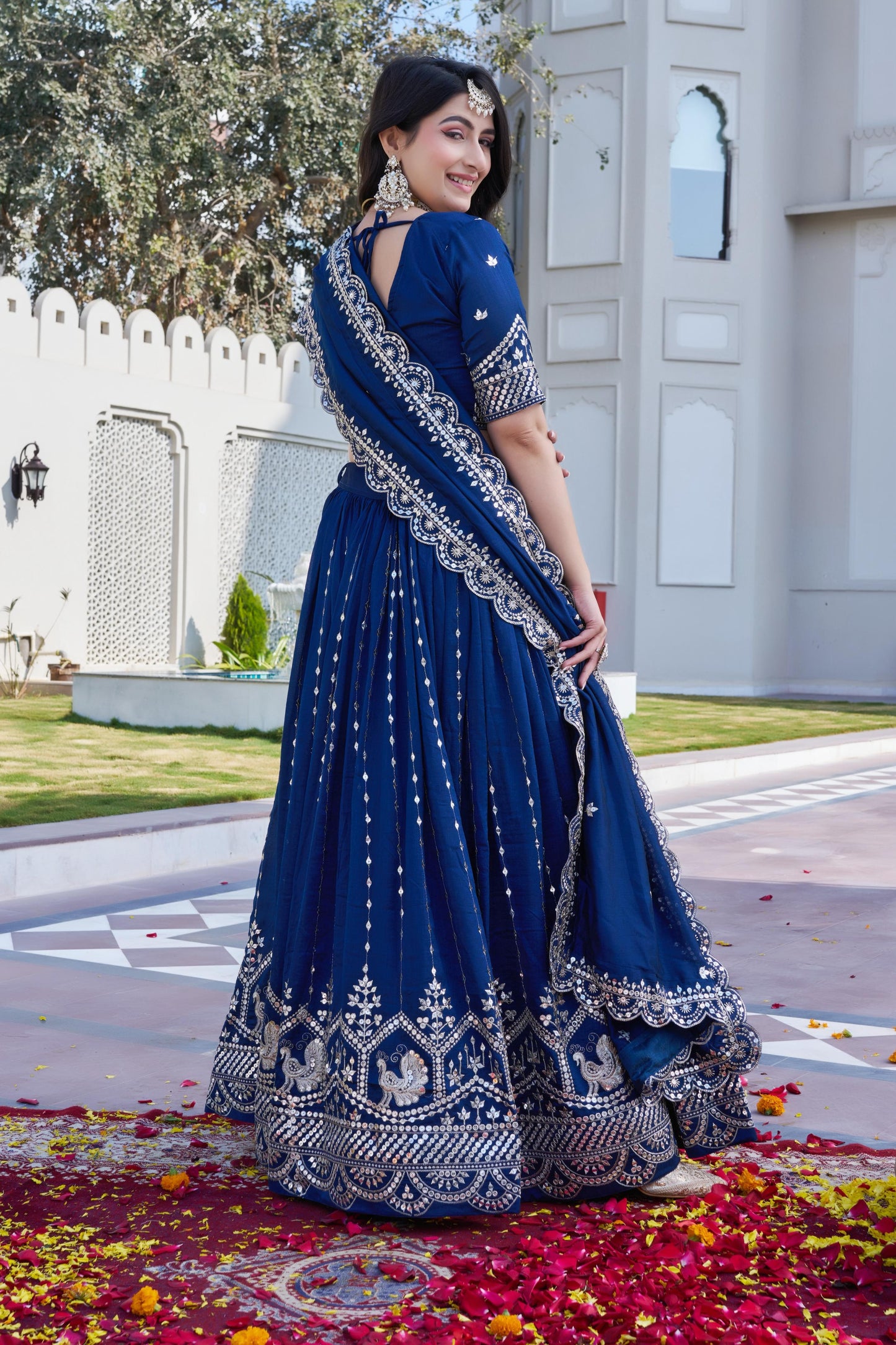 Women’s Royal Blue Pure Vichitra Embroidered Lehenga Choli Set with Dupatta