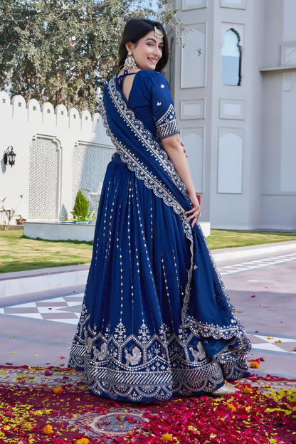 Women’s Royal Blue Pure Vichitra Embroidered Lehenga Choli Set with Dupatta