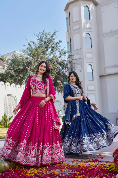 Women’s Royal Blue Pure Vichitra Embroidered Lehenga Choli Set with Dupatta