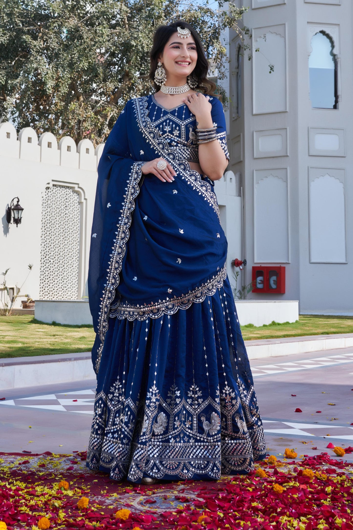 Women’s Royal Blue Pure Vichitra Embroidered Lehenga Choli Set with Dupatta