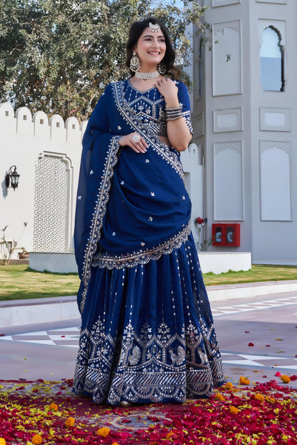 Women’s Royal Blue Pure Vichitra Embroidered Lehenga Choli Set with Dupatta