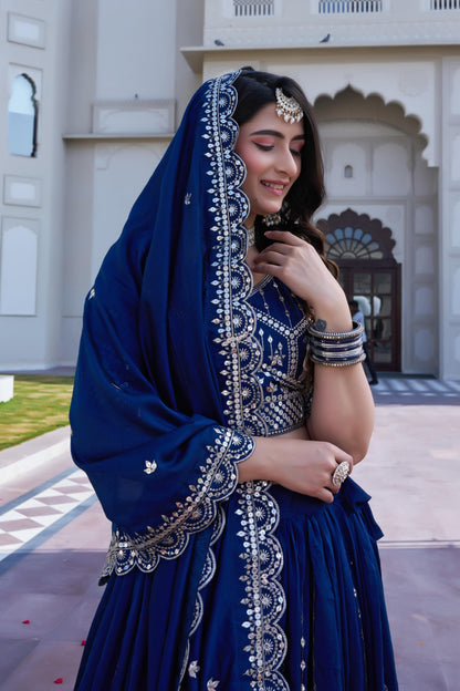 Women’s Royal Blue Pure Vichitra Embroidered Lehenga Choli Set with Dupatta