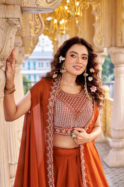 Women’s Pure Rangoli Silk Heavy Embroidery Moti Beads & Sequins Lehenga Choli Set with Shrug Style Dupatta