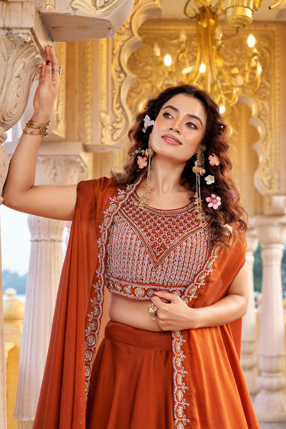 Women’s Pure Rangoli Silk Heavy Embroidery Moti Beads & Sequins Lehenga Choli Set with Shrug Style Dupatta