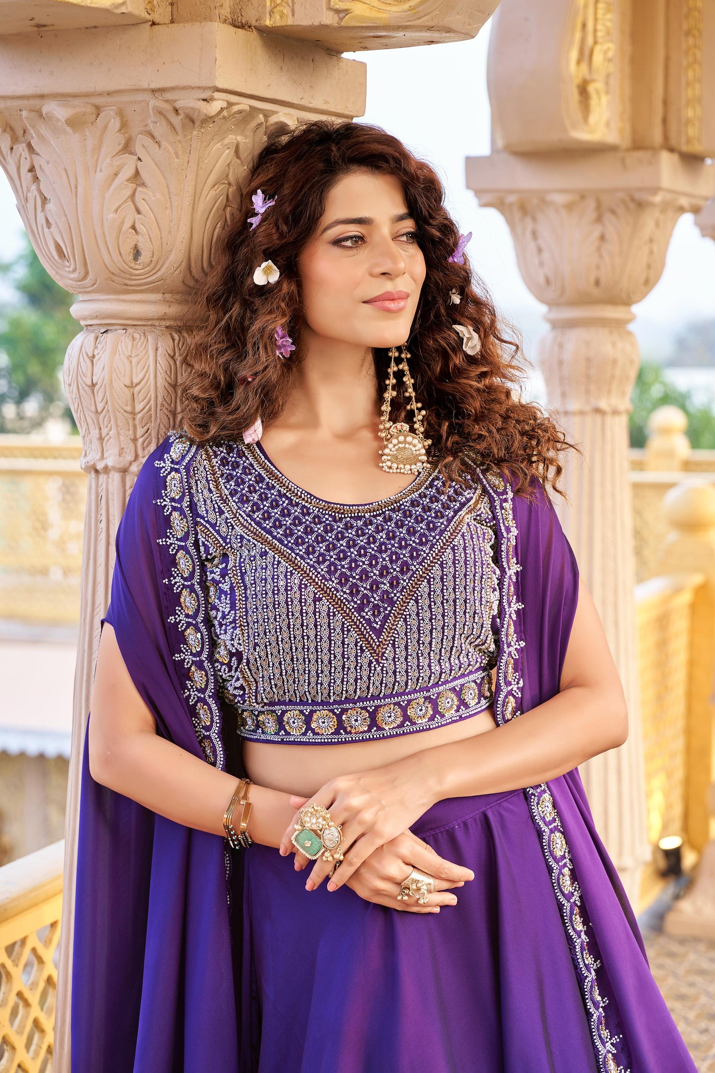 Women’s Pure Rangoli Silk Heavy Embroidery Moti Beads & Sequins Lehenga Choli Set with Shrug Style Dupatta