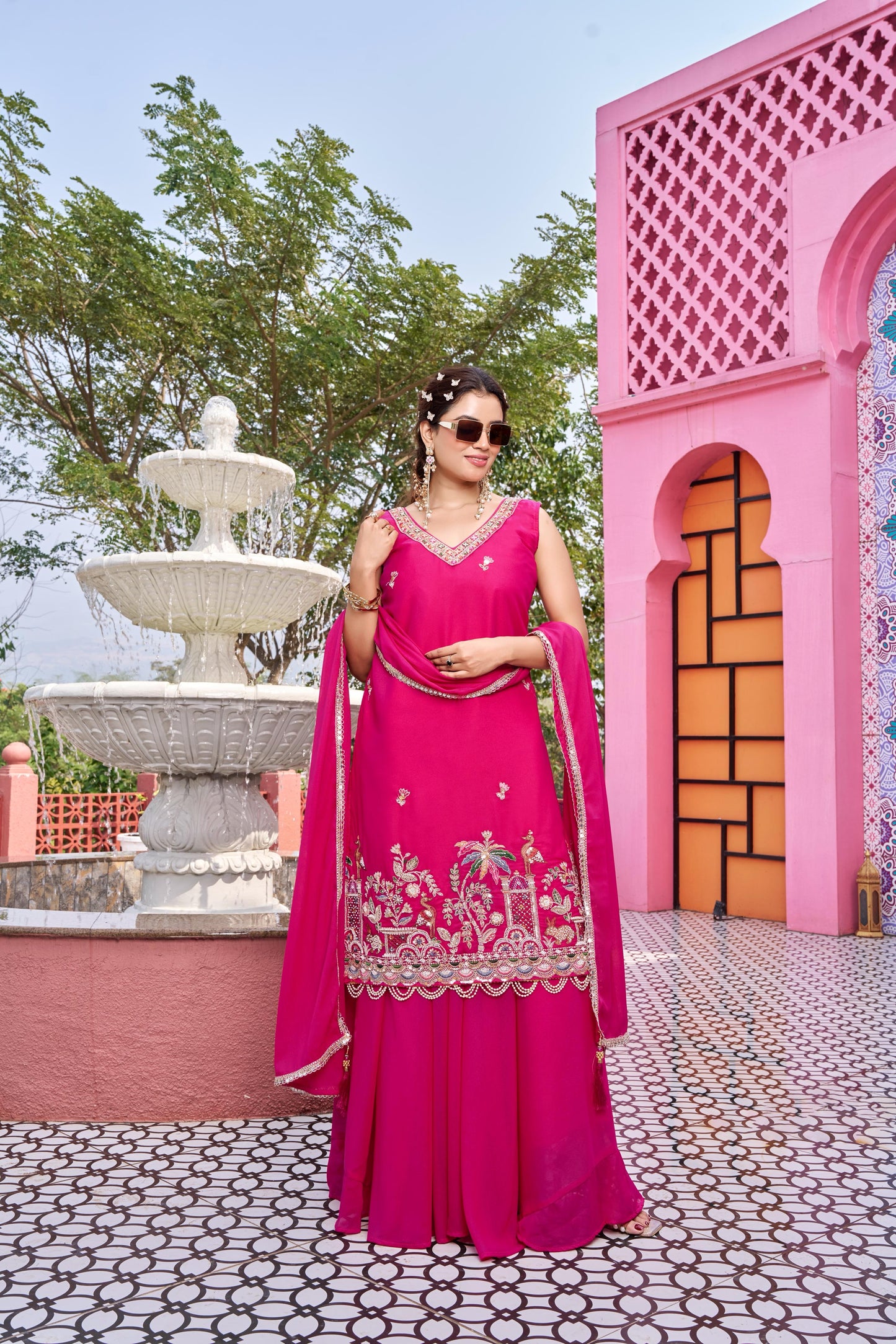 Women’s Star Georgette Embroidered Kurti Palazzo Set with Dupatta