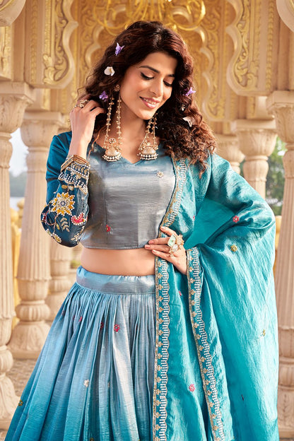 Women’s Gold Crush Heavy Sequins & Thread Embroidered Lehenga Choli Set with Dupatta