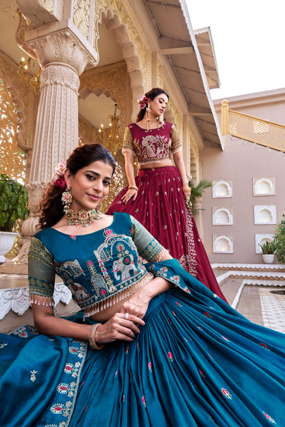 Women’s Pure Vichitra Silk Heavy Sequins & Thread Embroidered Lehenga Choli Set with Dupatta