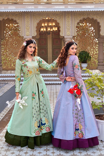 Women’s Satin Silk Embroidered Top with Vichitra Lehenga