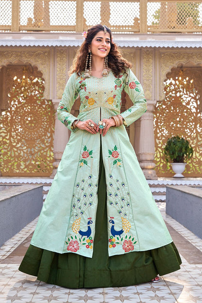 Women’s Satin Silk Embroidered Top with Vichitra Lehenga