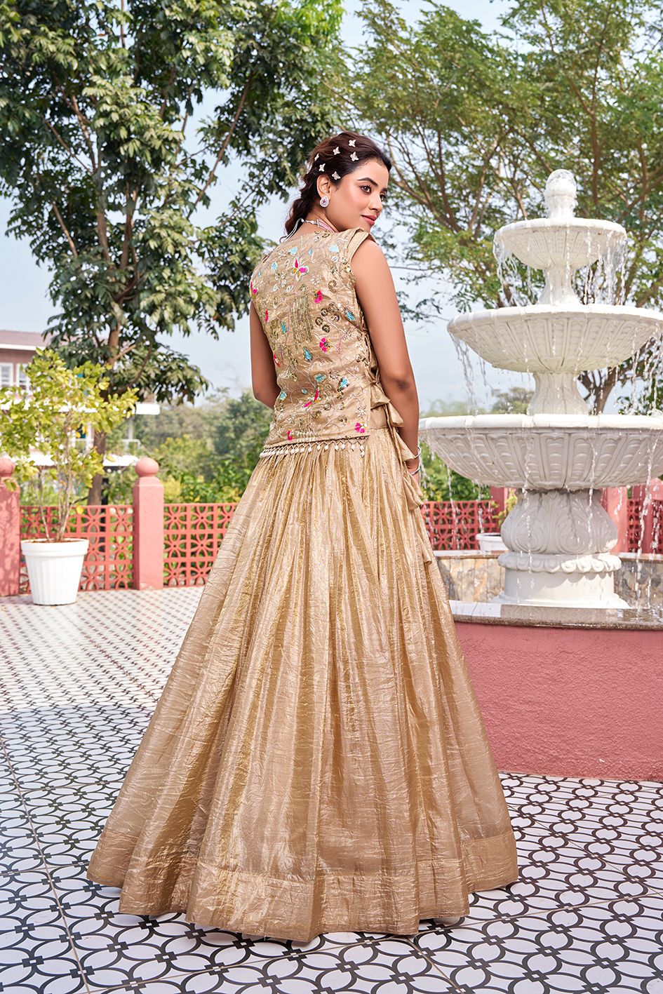 Women’s Gold Crush Embroidered Lehenga Choli with Designer Shrug – Fully Stitched Wedding Wear