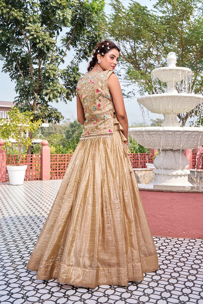Women’s Gold Crush Embroidered Lehenga Choli with Designer Shrug – Fully Stitched Wedding Wear