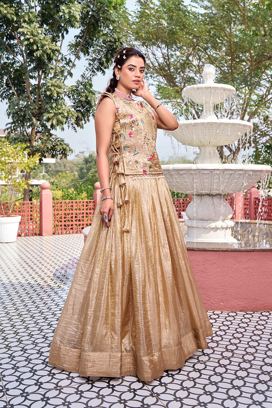 Women’s Gold Crush Embroidered Lehenga Choli with Designer Shrug – Fully Stitched Wedding Wear