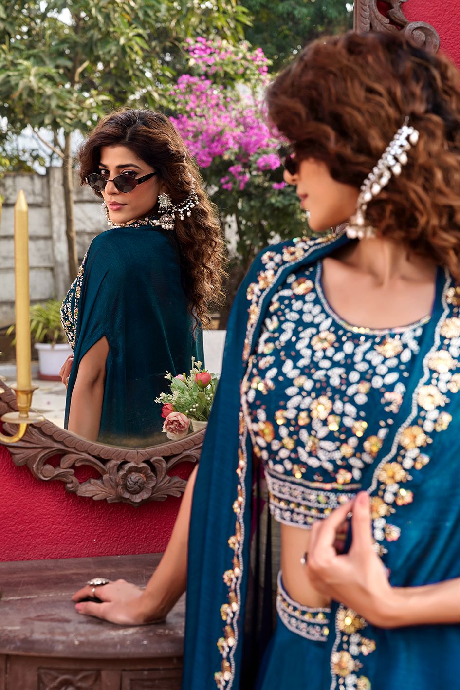 Women’s Pure Vichitra Silk Heavy Embroidery Moti Beads & Sequins Lehenga Choli Set with Shrug Style Dupatta