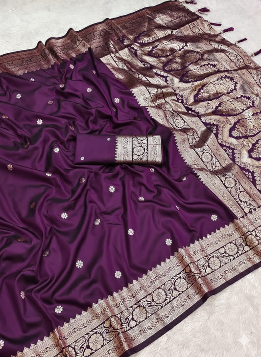 Pure Banarasi Silk Saree with Zari Weaving Butti Design & Rich Pallu, Soft Banarasi Saree with Full Weaving Blouse, Traditional Wedding & Festive Wear