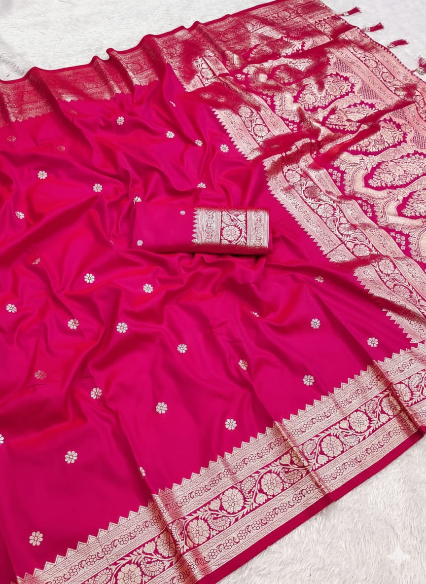 Pure Banarasi Silk Saree with Zari Weaving Butti Design & Rich Pallu, Soft Banarasi Saree with Full Weaving Blouse, Traditional Wedding & Festive Wear