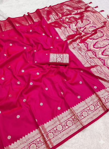 Pure Banarasi Silk Saree with Zari Weaving Butti Design & Rich Pallu, Soft Banarasi Saree with Full Weaving Blouse, Traditional Wedding & Festive Wear