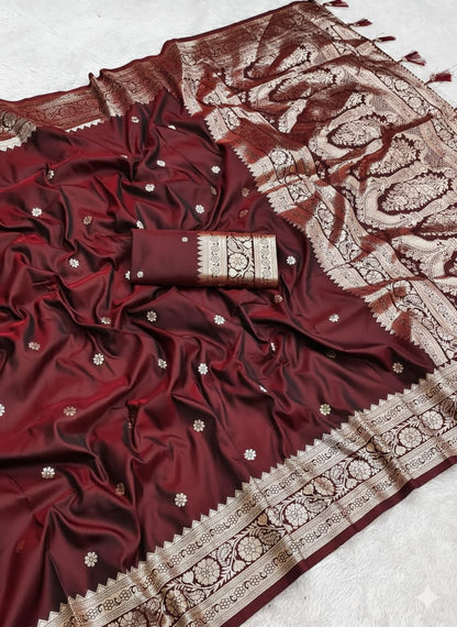 Pure Banarasi Silk Saree with Zari Weaving Butti Design & Rich Pallu, Soft Banarasi Saree with Full Weaving Blouse, Traditional Wedding & Festive Wear