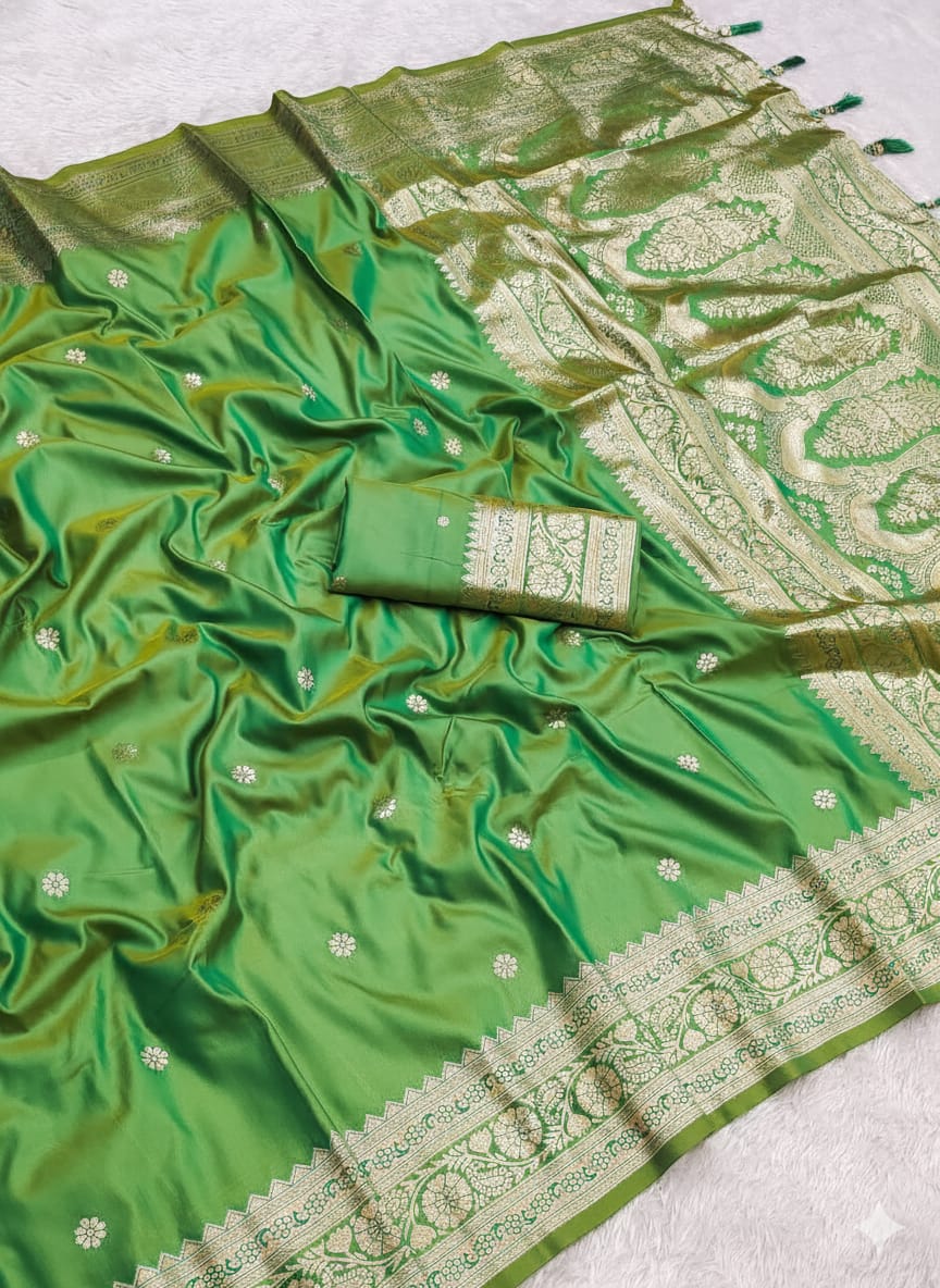 Pure Banarasi Silk Saree with Zari Weaving Butti Design & Rich Pallu, Soft Banarasi Saree with Full Weaving Blouse, Traditional Wedding & Festive Wear