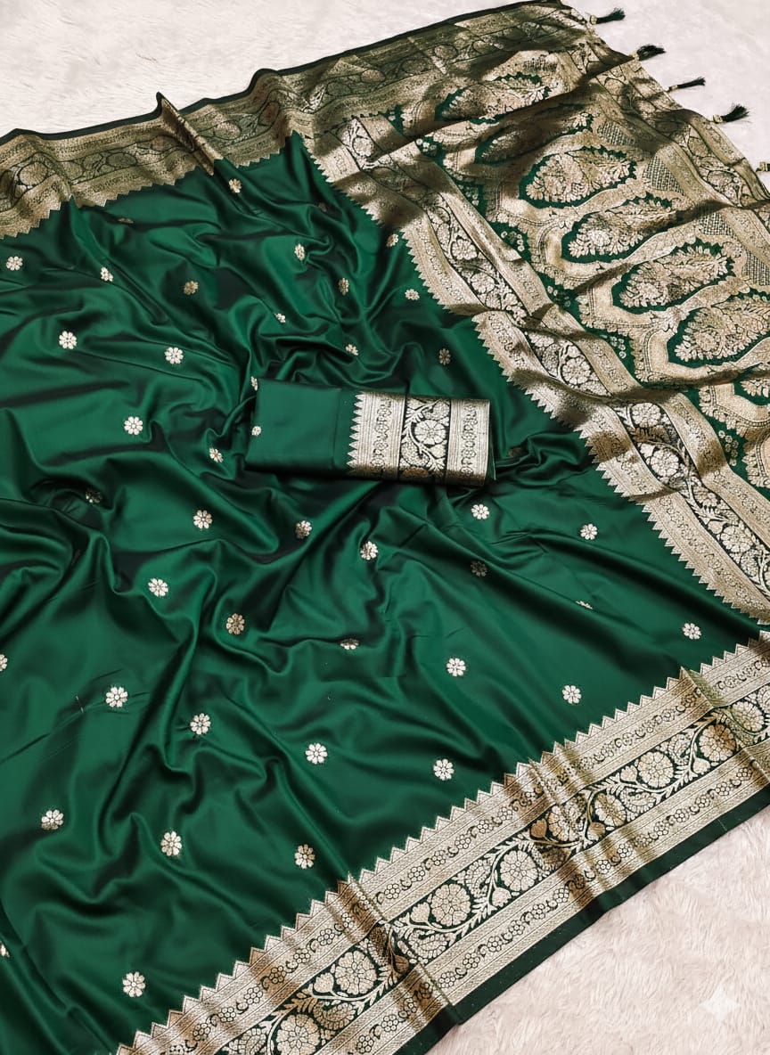 Pure Banarasi Silk Saree with Zari Weaving Butti Design & Rich Pallu, Soft Banarasi Saree with Full Weaving Blouse, Traditional Wedding & Festive Wear