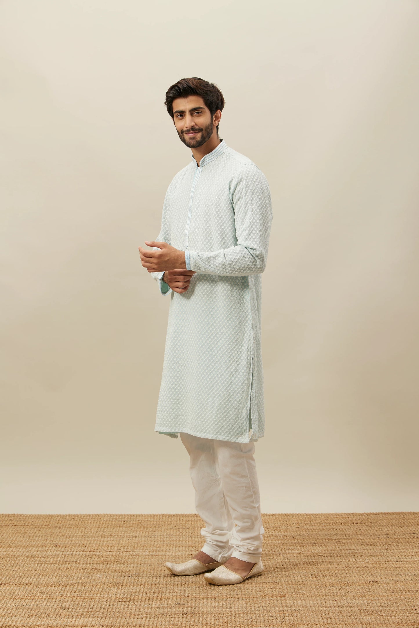 Handmade georgette embroidery Costom Fit Mens kurta Churidar set for indian wedding wear.