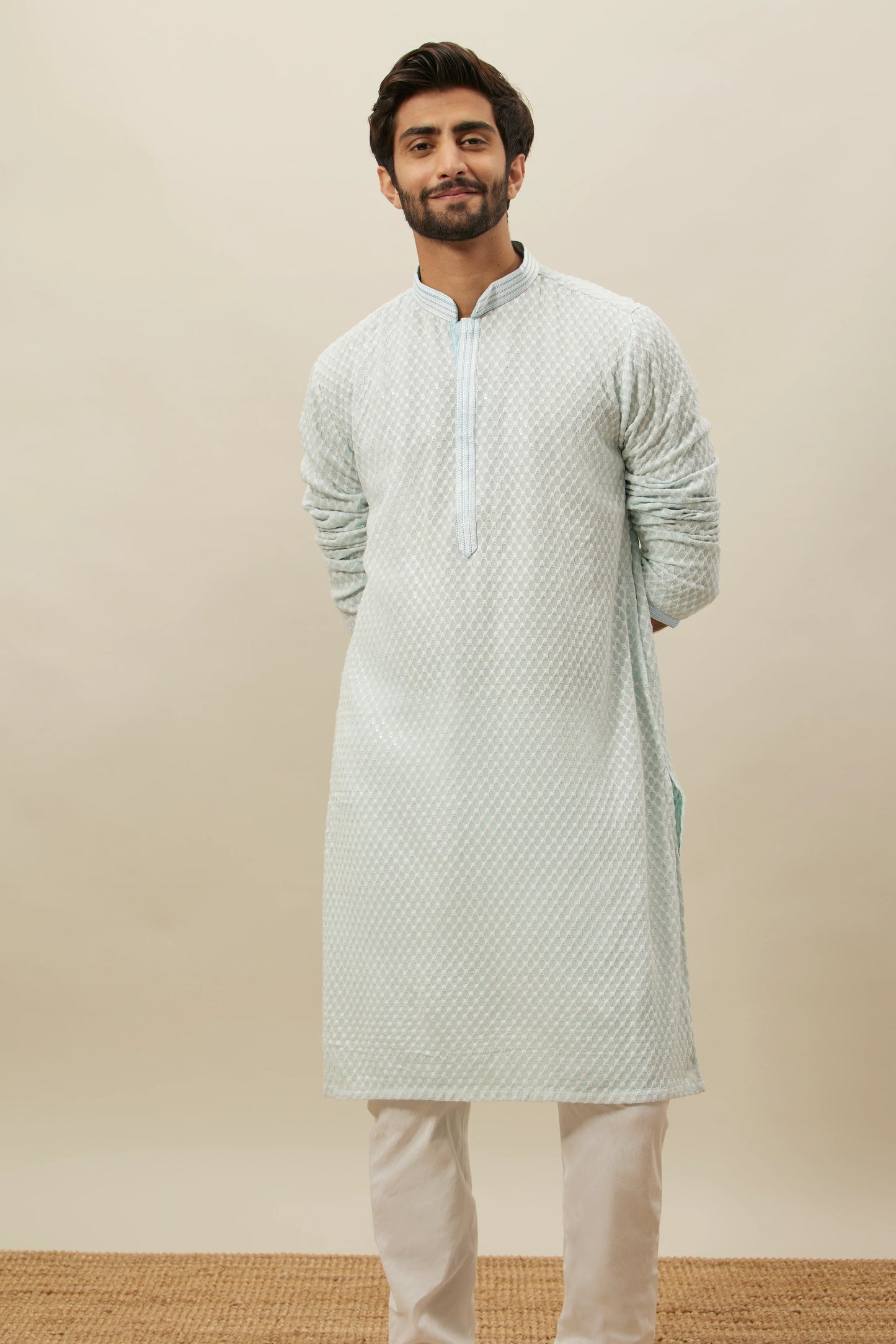 Handmade georgette embroidery Costom Fit Mens kurta Churidar set for indian wedding wear.