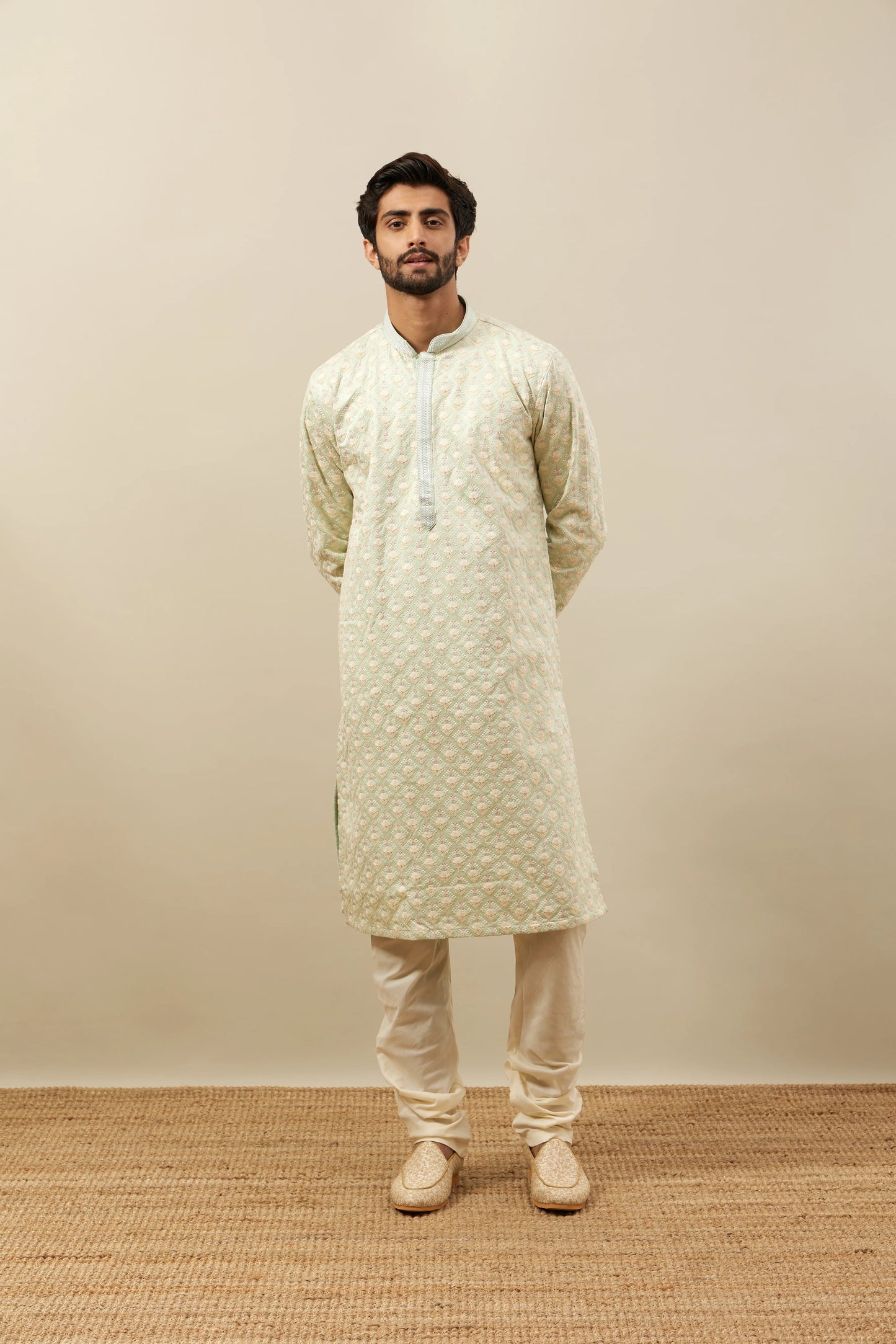 Handmade Off White Tusser Silk Kurta Churidar Set: Indian Wedding Wear