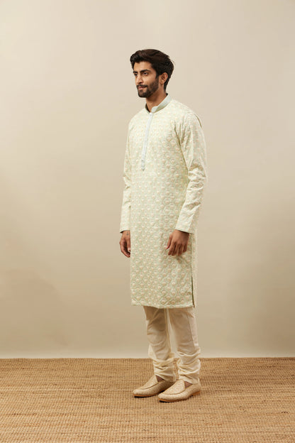 Handmade Off White Tusser Silk Kurta Churidar Set: Indian Wedding Wear