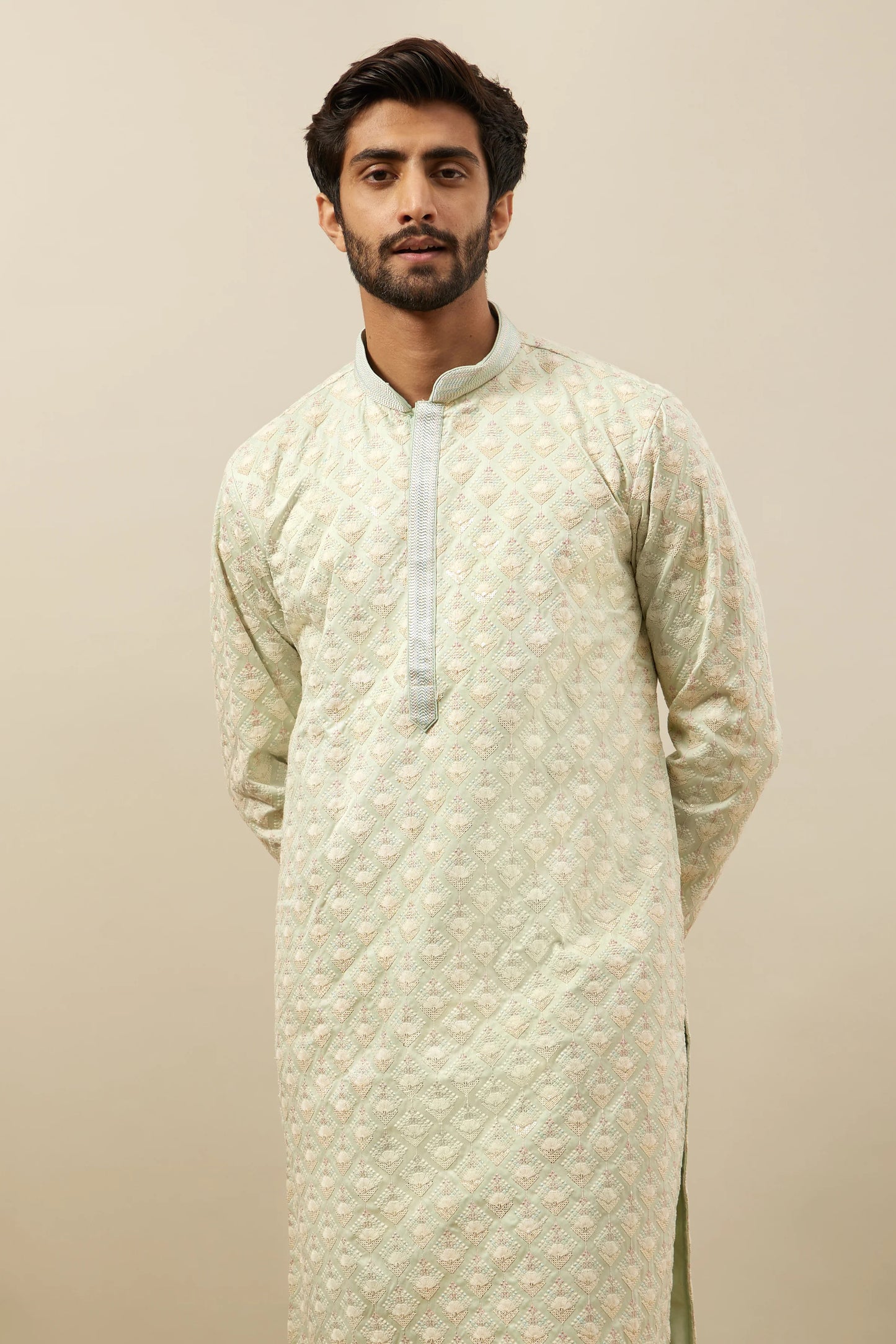 Handmade Off White Tusser Silk Kurta Churidar Set: Indian Wedding Wear