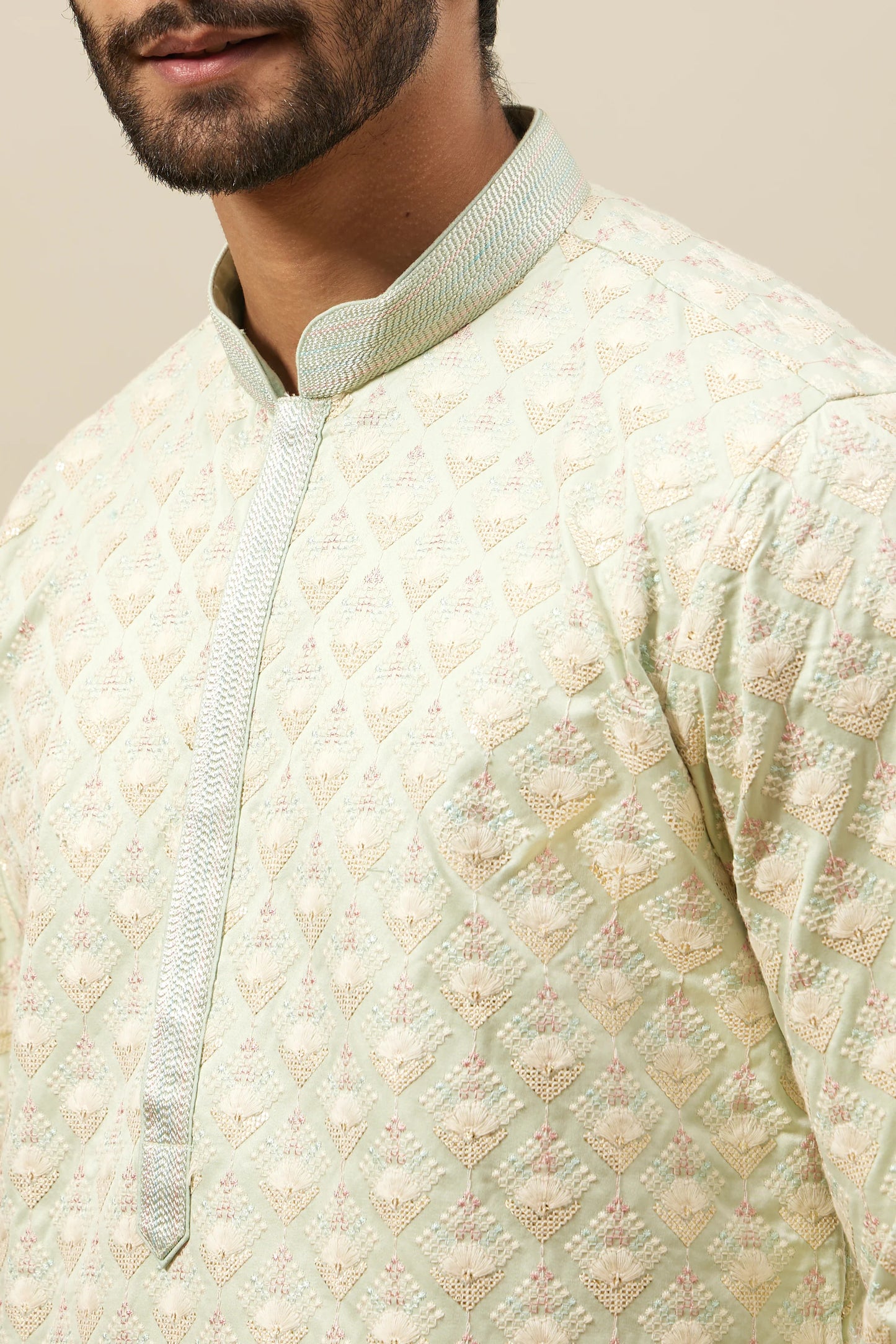 Handmade Off White Tusser Silk Kurta Churidar Set: Indian Wedding Wear