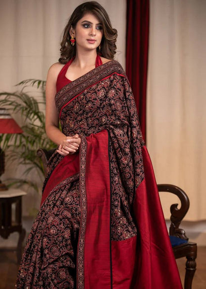 Red Stylish Ajrakh Printed Saree with Unstitched Blouse Piece