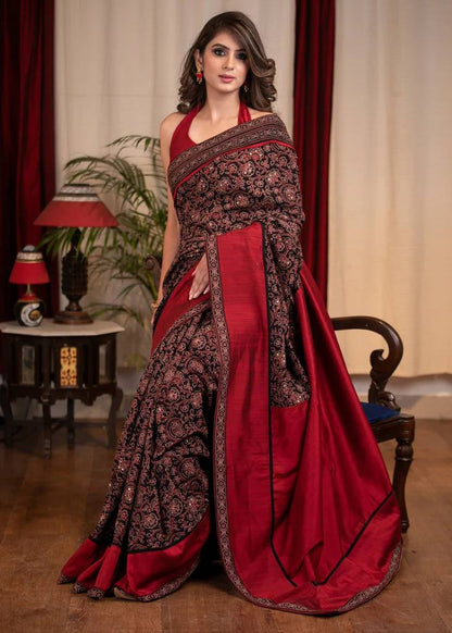Red Stylish Ajrakh Printed Saree with Unstitched Blouse Piece