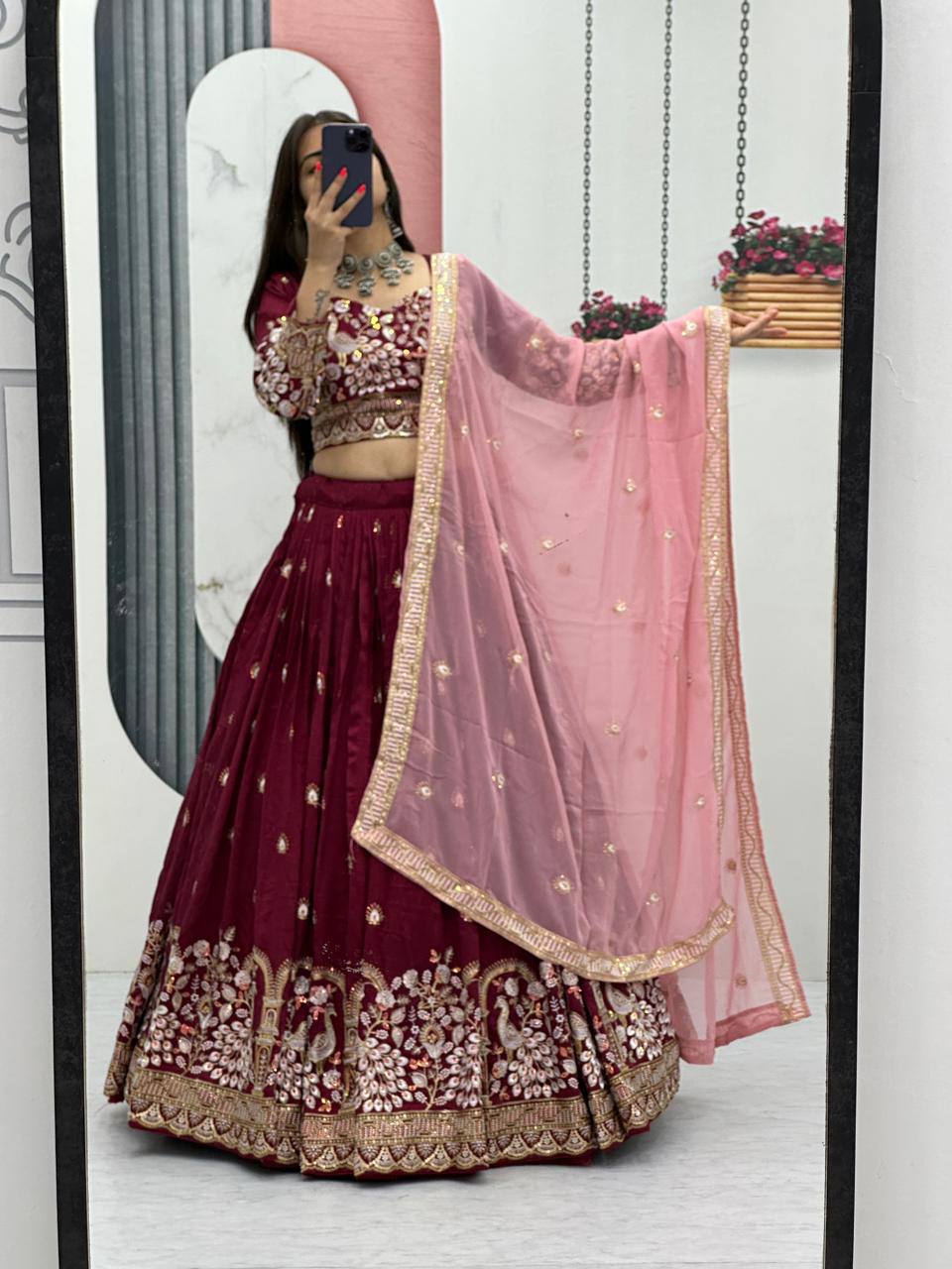 Women’s Vichitra Silk Heavy Embroidered Lehenga Choli Set with Dupatta