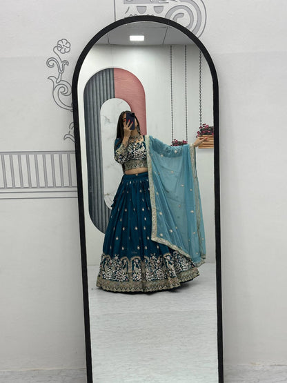 Women’s Vichitra Silk Heavy Embroidered Lehenga Choli Set with Dupatta