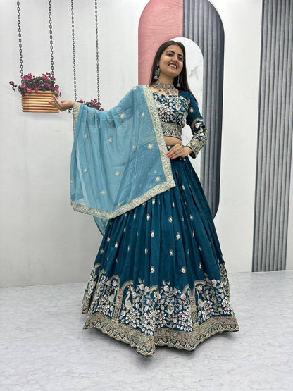 Women’s Vichitra Silk Heavy Embroidered Lehenga Choli Set with Dupatta