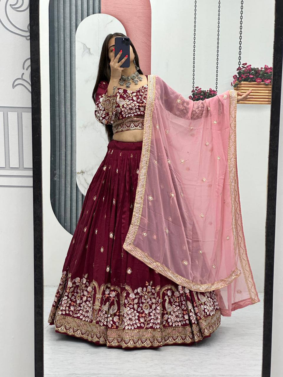 Women’s Vichitra Silk Heavy Embroidered Lehenga Choli Set with Dupatta