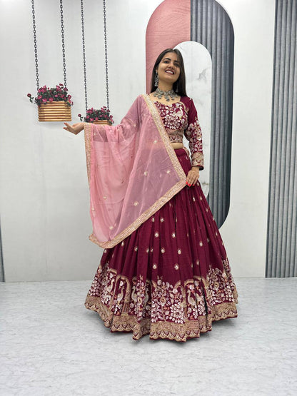 Women’s Vichitra Silk Heavy Embroidered Lehenga Choli Set with Dupatta