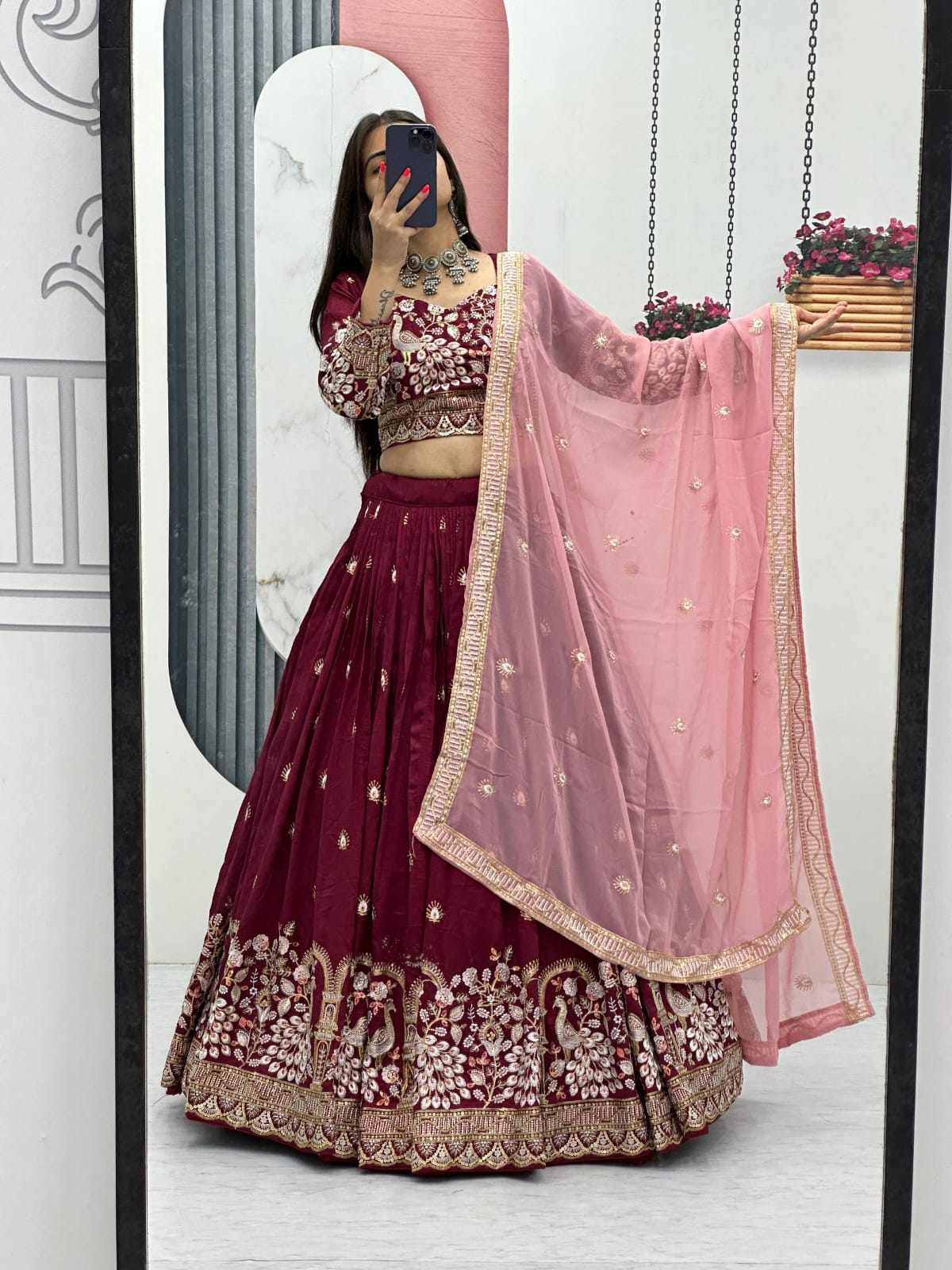 Women’s Vichitra Silk Heavy Embroidered Lehenga Choli Set with Dupatta