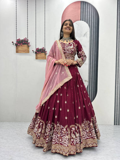 Women’s Vichitra Silk Heavy Embroidered Lehenga Choli Set with Dupatta