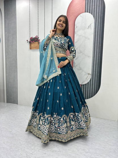 Women’s Vichitra Silk Heavy Embroidered Lehenga Choli Set with Dupatta