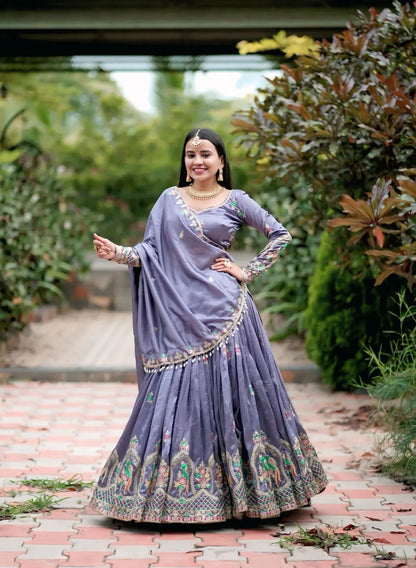 Women’s Chinon Embroidered Coding Thread Work Lehenga Choli Set with Dupatta