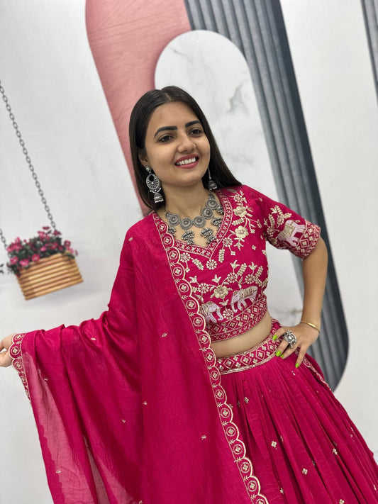 Women’s Vichitra Silk Lehenga Choli Set with Heavy Embroidery Thread & Sequins Work