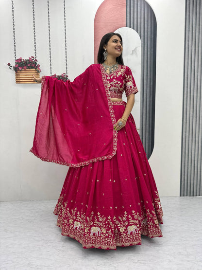 Women’s Vichitra Silk Lehenga Choli Set with Heavy Embroidery Thread & Sequins Work