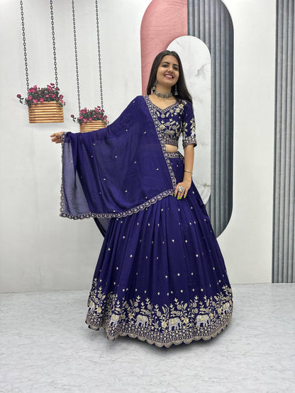 Women’s Vichitra Silk Lehenga Choli Set with Heavy Embroidery Thread & Sequins Work
