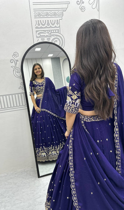 Women’s Vichitra Silk Lehenga Choli Set with Heavy Embroidery Thread & Sequins Work