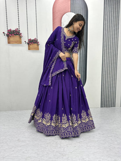 Women’s Vichitra Silk Lehenga Choli Set with Heavy Embroidery Thread & Sequins Work