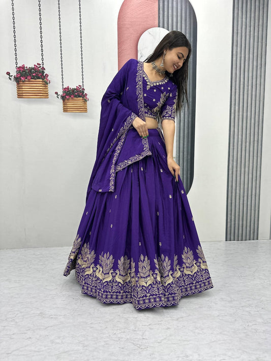 Women’s Vichitra Silk Lehenga Choli Set with Heavy Embroidery Thread & Sequins Work